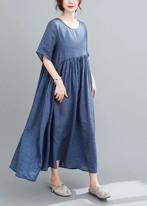 Italian Blue Pockets Maxi Dresses Short Sleeve Summer Stylish A-Line Maxi Dress