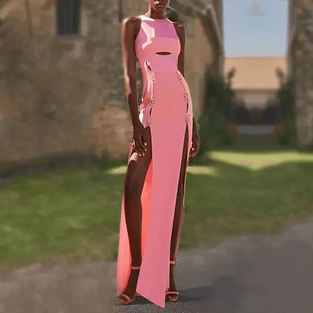 KittenAlarm - Jane Sleeveless Round Neck Double Side Slit Ring Embellished Maxi Dress Fashionable Layered Maxi Dress