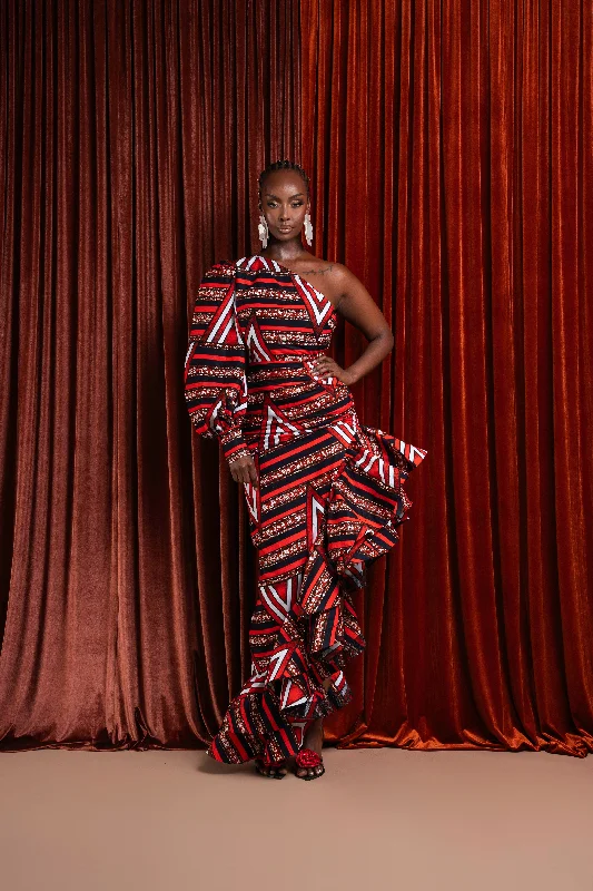 JUNO One-sleeve Ruffle African Print Hi-low Dress