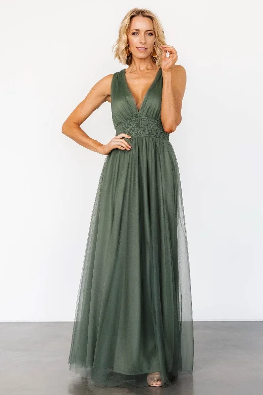 Kamila Tulle Maxi Dress | Dark Sage Fashionable Layered Maxi Dress