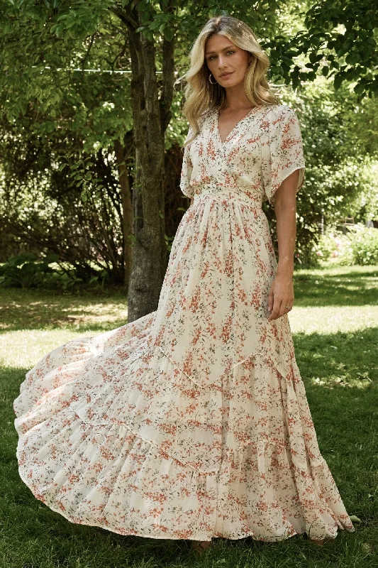 Katherine Maxi Dress | Cream + Rust Floral Fashionable Sheer Maxi Dress