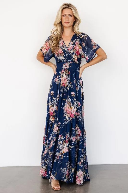 Katherine Maxi Dress | Navy + Pink Floral Trendy Maxi Dress with Lace