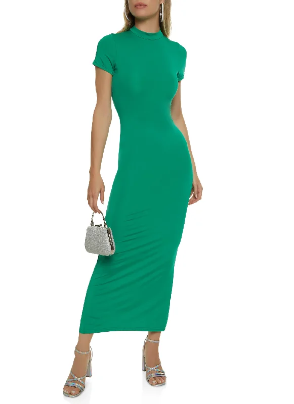 Solid Short Sleeve Mock Neck Maxi Dress Cozy Knitted Maxi Dress