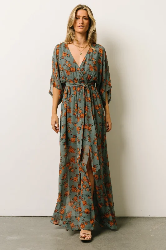 Kia Kimono Maxi Dress | Dusty Blue Floral Comfortable Maxi Dress with Slits