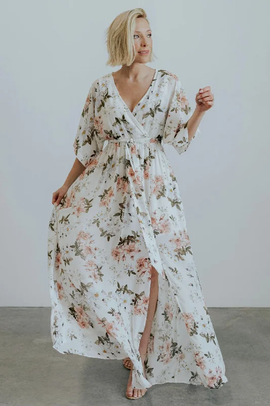 Kia Kimono Maxi Dress | White Floral Fashionable High-Waist Maxi Dress