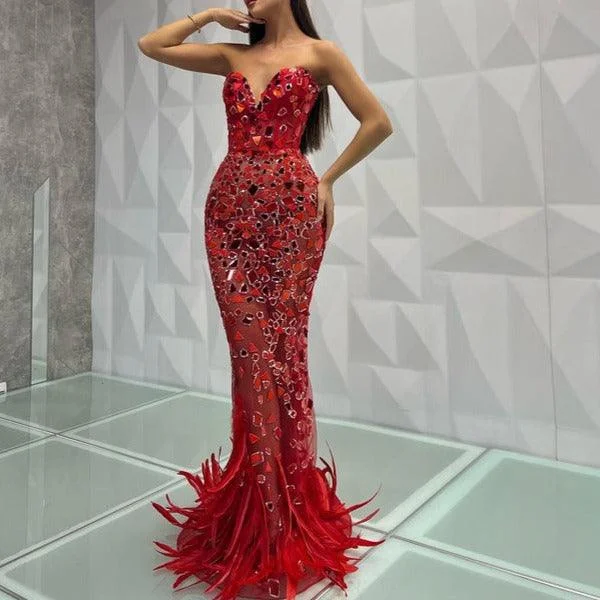 KittenAlarm - Kitt Strapless Feather Red Mirror Maxi Dress Trendy V-Neck Maxi Dress