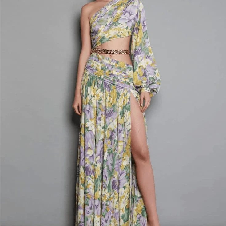 KittenAlarm - Krissy One Shoulder Chain Embellishment Floral Maxi Dress Elegant Boho Maxi Dress