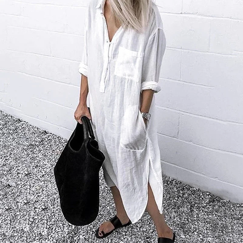 Amy Fashion - Ladies Turn-down Collar Loose Pocket Dress
