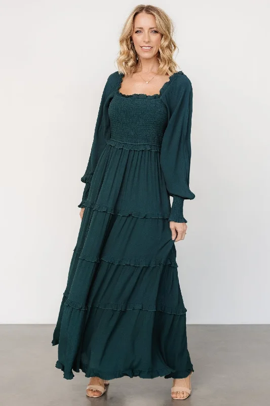 Lana Smocked Maxi Dress | Dark Green Comfortable Satin Maxi Dress