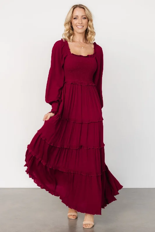 Lana Smocked Maxi Dress | Merlot Trendy A-Line Maxi Dress