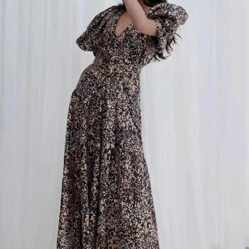 KittenAlarm - Lassie Allover Print Lantern Sleeves Maxi Dress Chic Off-Shoulder Maxi Dress