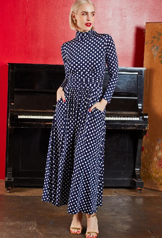 Lauren Maxi Dress - Navy Polka Dot Stylish One-Shoulder Maxi Dress
