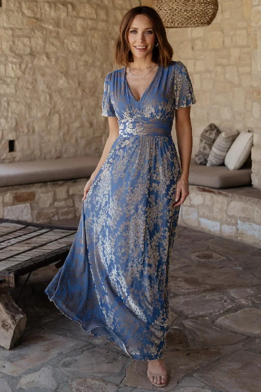 Leslie Velvet Maxi Dress | Blue + Silver Stylish Maxi Dress with Frills