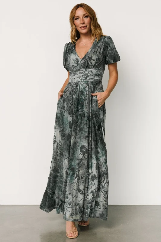 Leslie Velvet Maxi Dress | Slate Blue Fashionable Maxi Dress with Fringe