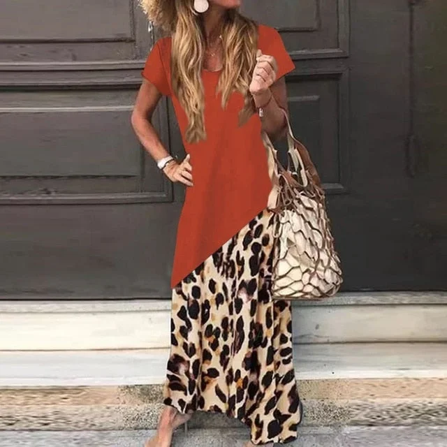 Amy Fashion - Casual Short Sleeve Leopard Printed Maxi Dress Stylish V-Neck Maxi Dress