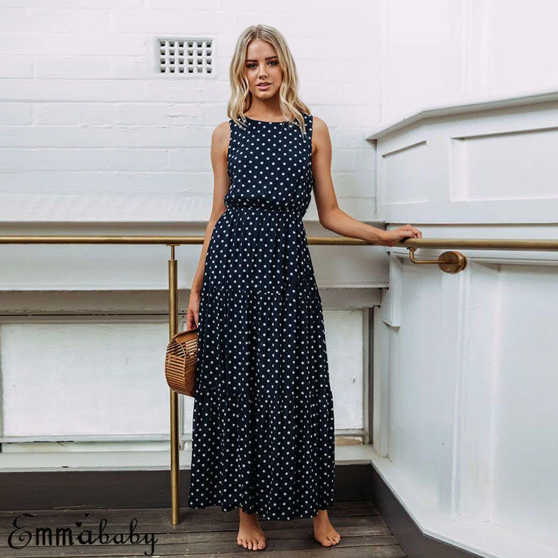 Amy Fashion - Loose Sleeveless Holiday Dot Print Long Maxi Dress Elegant Pleated Maxi Dress