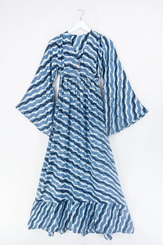 Lunar Maxi Dress - Vintage Sari - Salt White, Onyx & Slate Blue - Size XS Comfortable Bohemian Maxi Dress
