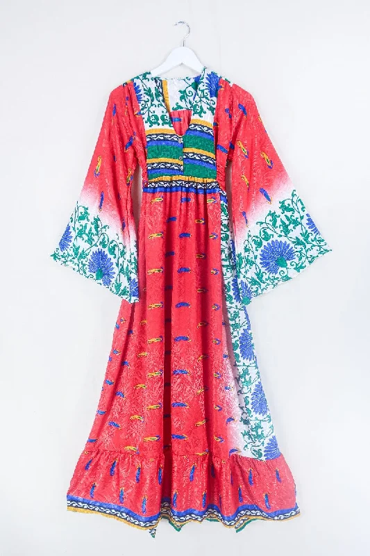 Lunar Maxi Dress - Vintage Sari - Bright Candy Red Nouveau - Size XS Cozy Open-Back Maxi Dress