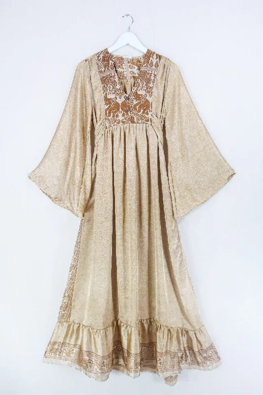 Lunar Maxi Dress - Vintage Sari - Bronze Elephants - Size S Stylish Longline Maxi Dress Lunar Maxi Dress - Vintage Sari - Bronze Elephants - Size S Stylish Longline Maxi Dress