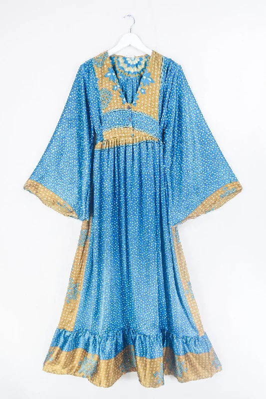Lunar Maxi Dress - Vintage Sari - Deep Turquoise & Gold - Size S/M Stylish Maxi Dress with Frills Lunar Maxi Dress - Vintage Sari - Deep Turquoise & Gold - Size S/M Stylish Maxi Dress with Frills