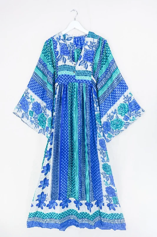 Lunar Maxi Dress - Vintage Sari - Jade & Indigo Floral - Size S/M Classic A-Line Maxi Dress Lunar Maxi Dress - Vintage Sari - Jade & Indigo Floral - Size S/M Classic A-Line Maxi Dress
