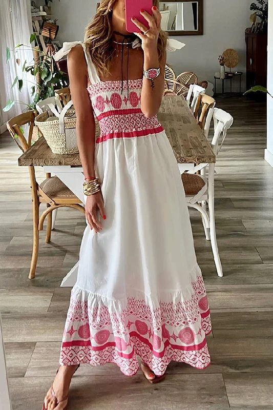 Malibu Villa Ethnic Printed Smocked Shoulder Tie Maxi Dress Elegant Maxi Dress with Belt Malibu Villa Ethnic Printed Smocked Shoulder Tie Maxi Dress Elegant Maxi Dress with Belt