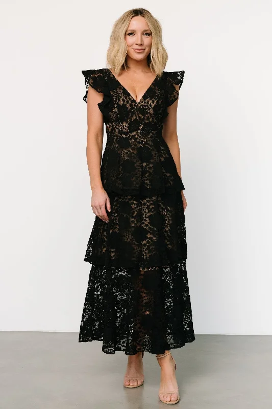 Margot Lace Tiered Maxi Dress | Black + Nude Cozy Spaghetti Strap Maxi Dress