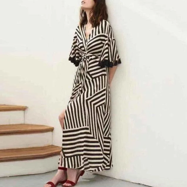 KittenAlarm - Marie Striped Maxi Dress Trendy V-Neck Maxi Dress