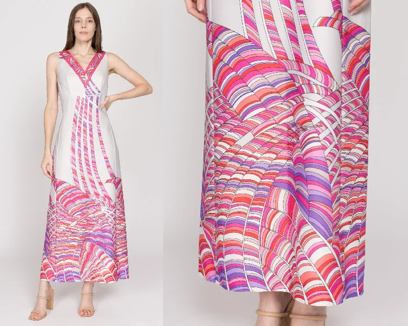 Med-Lrg 70s Psychedelic White & Pink Abstract Print Maxi Dress Fashionable Chiffon Tiered Maxi Dress