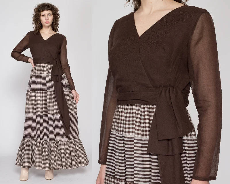Medium 60s 70s Brown Gingham & Striped Hostess Dress