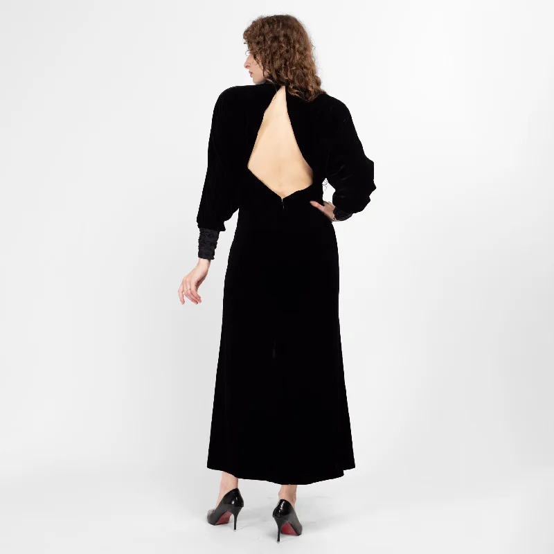 Medium 80s Black Velvet Open Keyhole Back Dress Size 8
