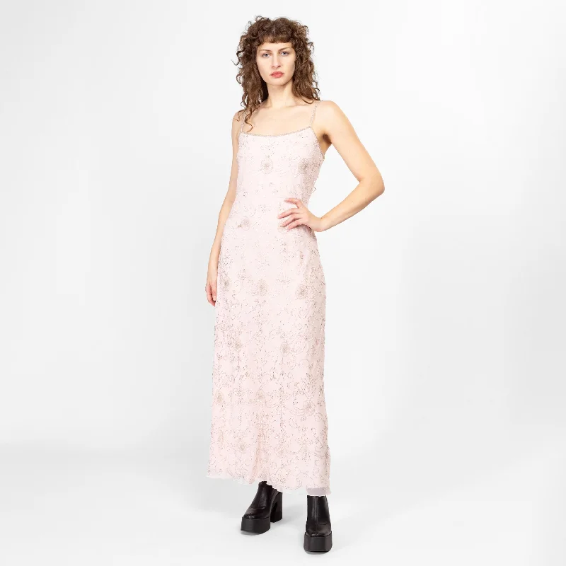 Medium 90s Baby Pink Beaded Bias Cut Gown Size 10