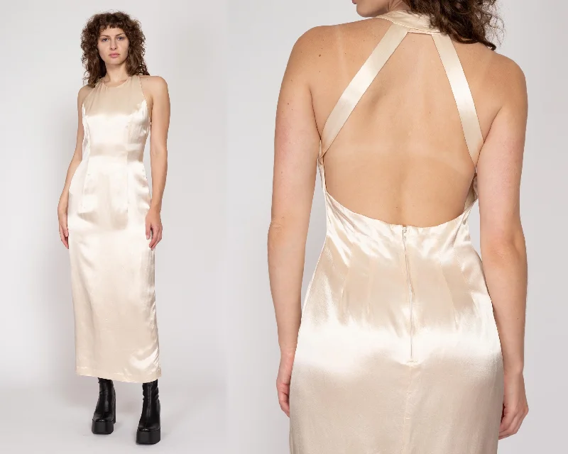 Medium 90s Champagne Satin Backless Evening Gown