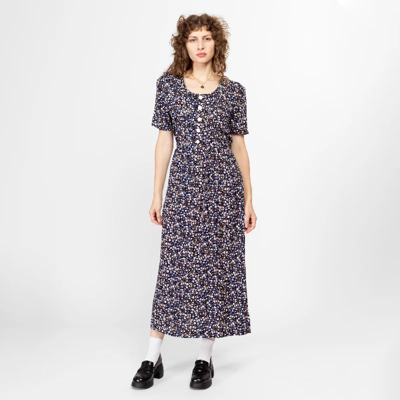 Medium 90s Navy Blue Floral Grunge Maxi Dress Elegant Pleated Maxi Dress