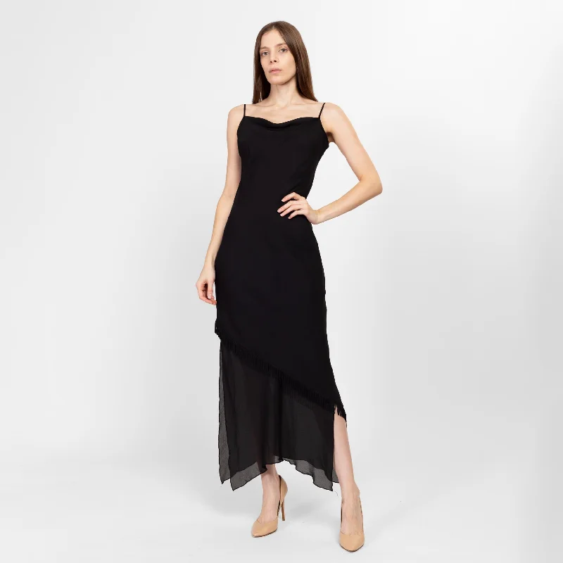 Medium Y2K Black Fringe Scarf Hem Maxi Dress Stylish Long Sleeve Maxi Dress