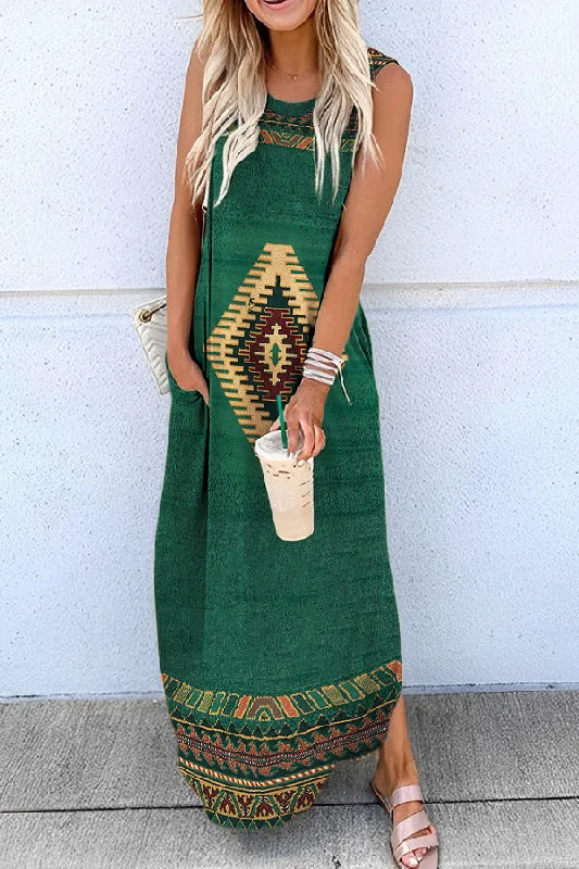 Merced Ethnic Geometric Hippie Print Pocketed Knit Maxi Dress Trendy Short Sleeve Maxi Dress Merced Ethnic Geometric Hippie Print Pocketed Knit Maxi Dress Trendy Short Sleeve Maxi Dress