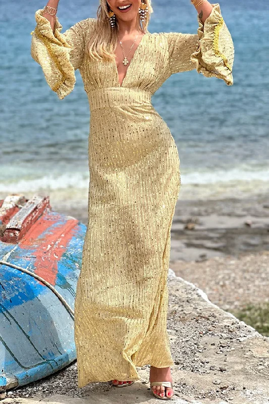 Mesmerizing Sight Sequin Fabric Bell Sleeve Backless Maxi Dress Stylish V-Neck Maxi Dress Mesmerizing Sight Sequin Fabric Bell Sleeve Backless Maxi Dress Stylish V-Neck Maxi Dress