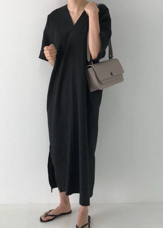 Modern Black V Neck Linen Maxi Dress Short Sleeve Chic Boho Print Maxi Dress