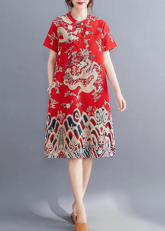 Modern o neck Chinese Button tunic dress pattern red Dragon pattern Dresses