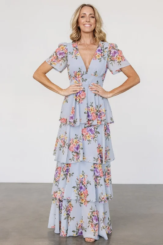 Montaigne Ruffle Maxi Dress | Light Blue Floral Stylish V-Neck Maxi Dress