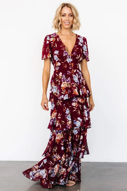 Montaigne Ruffle Maxi Dress | Mulberry Floral Elegant Maxi Dress with Lace