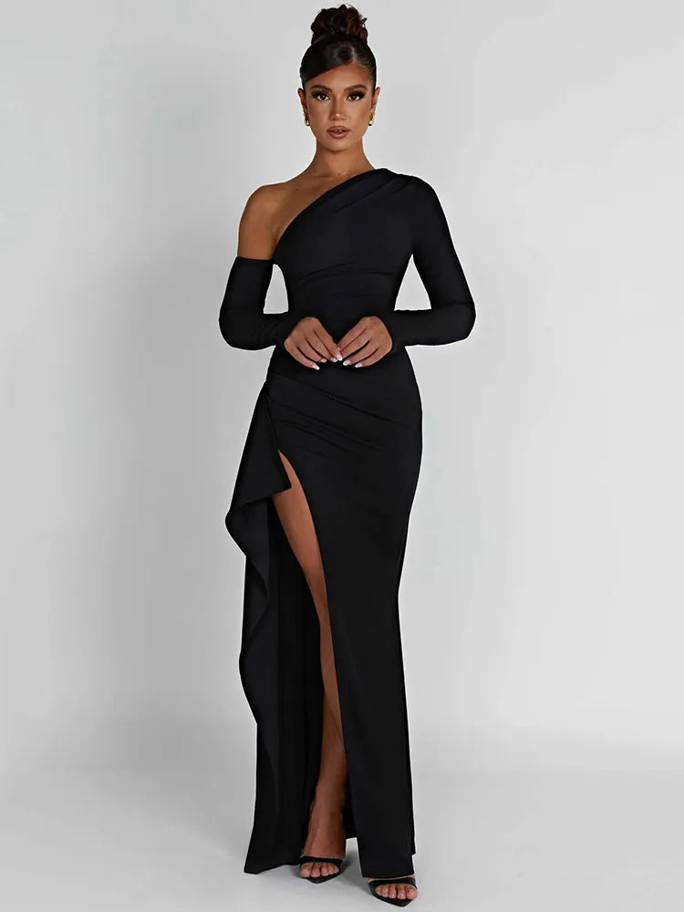 DressBetty - 2024 Mozision Oblique Shoulder Thigh High Split Long Sleeve Maxi Dress Trendy Ruffled Maxi Dress DressBetty - 2024 Mozision Oblique Shoulder Thigh High Split Long Sleeve Maxi Dress Trendy Ruffled Maxi Dress