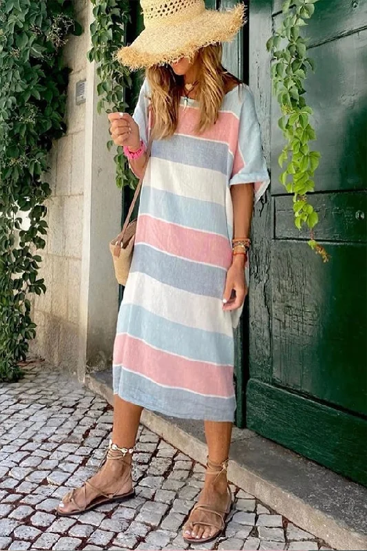Multicolor Striped Color Block Loose Fit Half Sleeve Maxi Dress Cozy Knit Maxi Dress Multicolor Striped Color Block Loose Fit Half Sleeve Maxi Dress Cozy Knit Maxi Dress