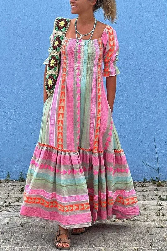 Music Festival Geometric Color Block Pocketed Smocked Boho Maxi Dress Fashionable Printed Maxi Dress