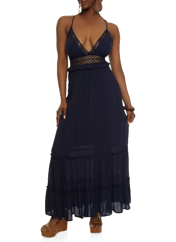 Iris Gauze Knit Crochet Detail Tiered Maxi Dress Stylish Button-Up Maxi Dress