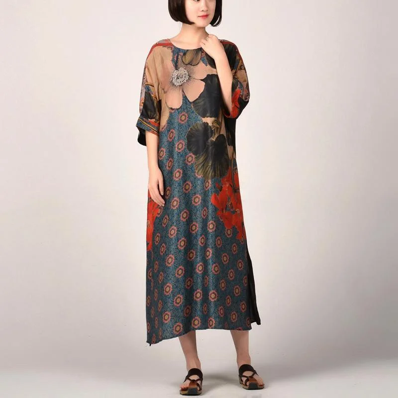 New red prints long silk dresses oversize side open traveling clothing 2018 patchwork silk caftans