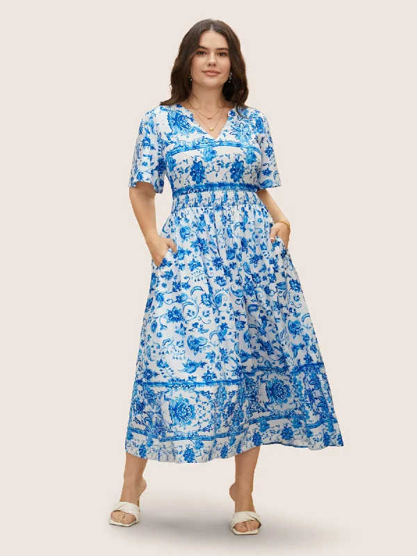 Notched Collar Boho Print Shirred Dress