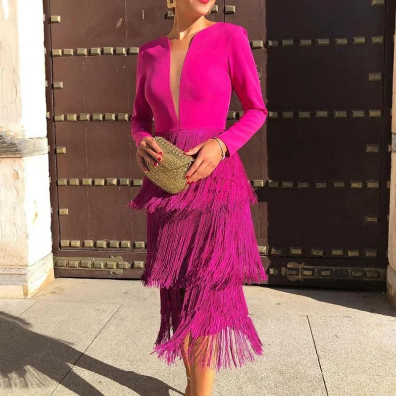 Amy Fashion - Office Ladies New Rose Red Fringe Sexy Dress