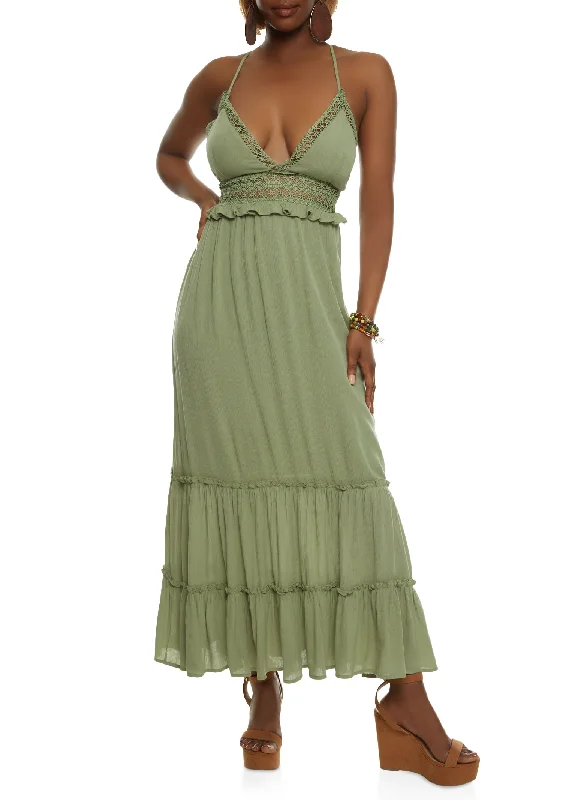 Iris Gauze Knit Crochet Detail Tiered Maxi Dress Elegant Maxi Dress with Slit