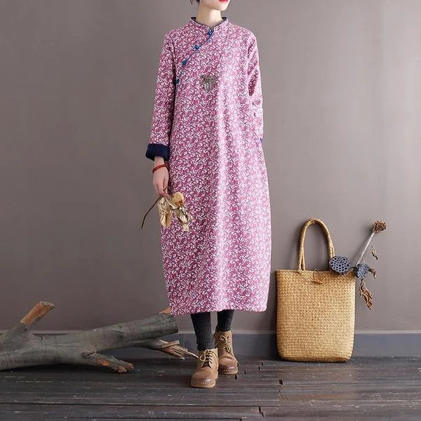 Omychic Loose Printed Stand Collar Dress  2020 Autumn Winter Dress